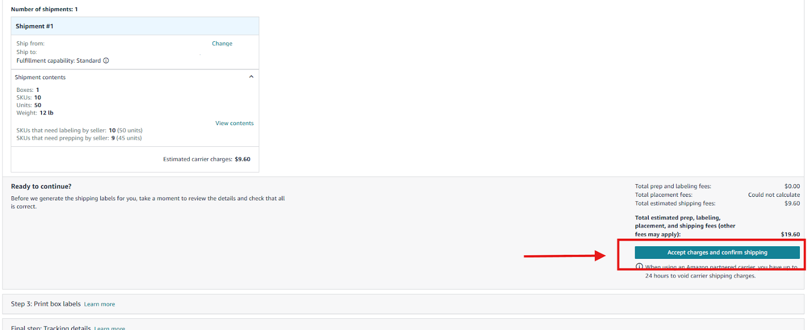 Confirm charges and shipping