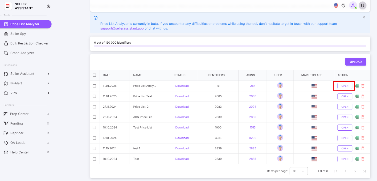 Locate and open the processed price list in your Seller Assistant account.
