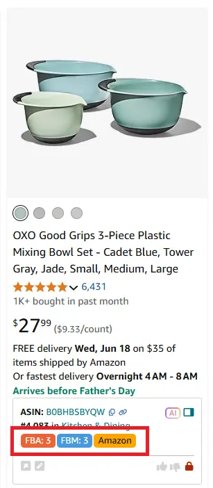 Kaç tane FBA (Amazon Lojistik) ve FBM (Satıcı Lojistik) satıcısının ürünü sunduğunu görebilirsiniz.
