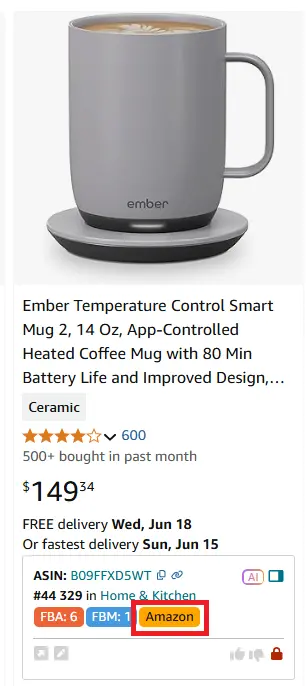 Amazon'un kendisi ürünü satıyorsa, Quick View turuncu bir 'Amazon' etiketi ekler