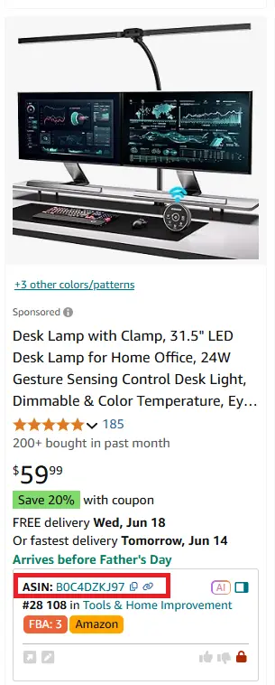 Quick View ürünün ASIN'ini gösterir