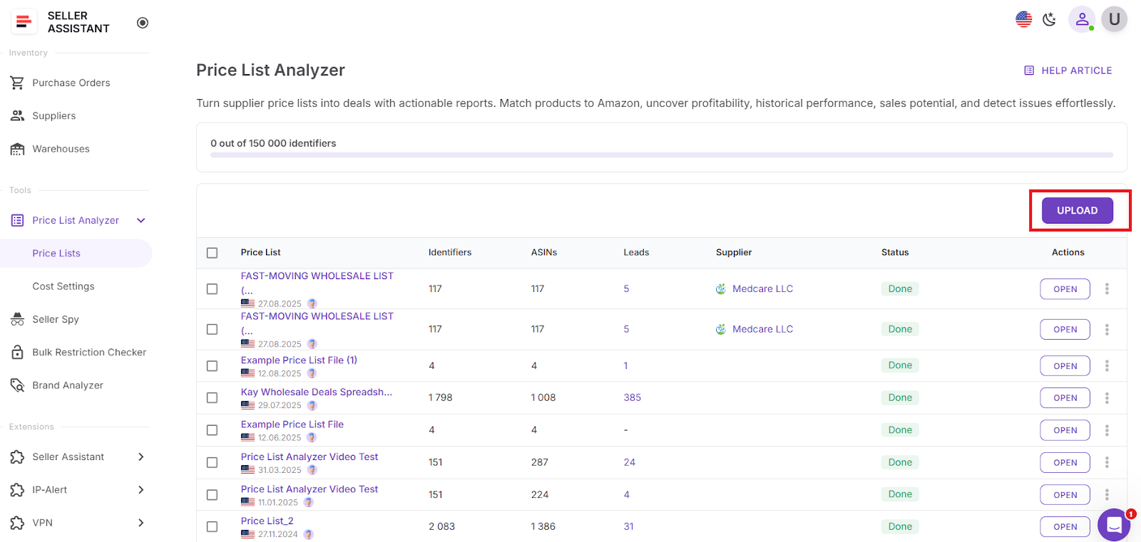 Log in to your Seller Assistant account, navigate to the Price List Analyzer section, and click “Upload.”