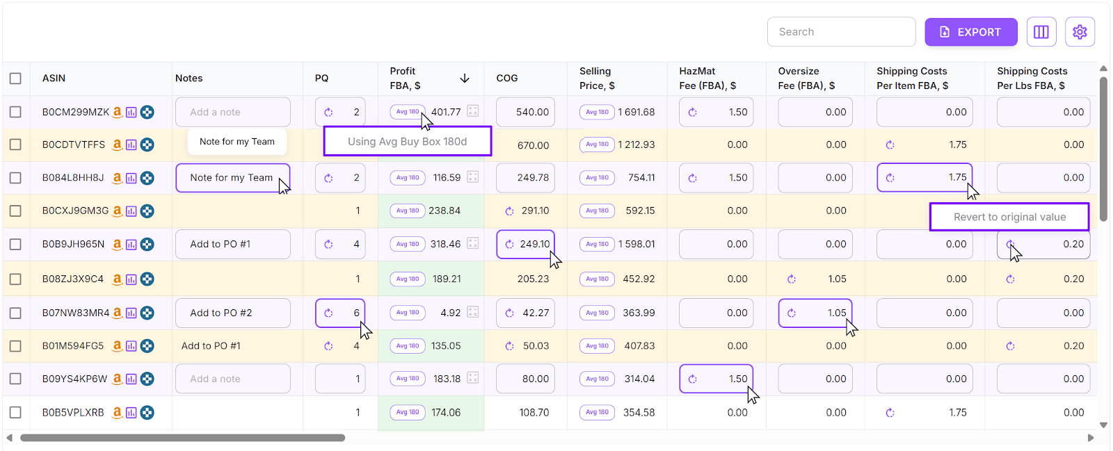 Inline editing in price list