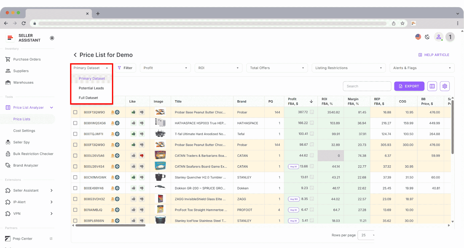 Price LIst Analyzer saved views