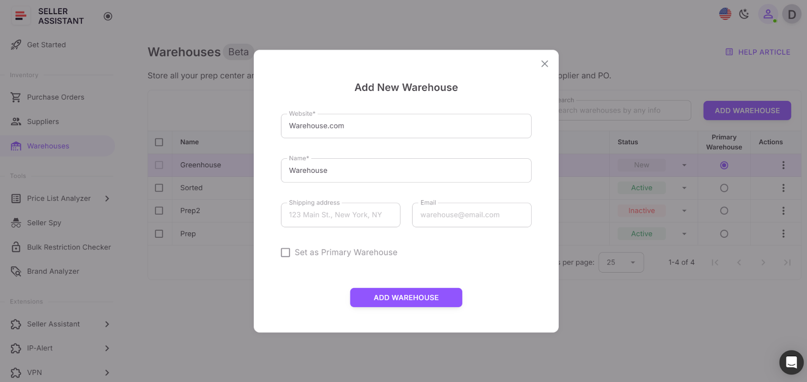Open the Warehouse Database in your Seller Assistant account. Add each prep center or warehouse