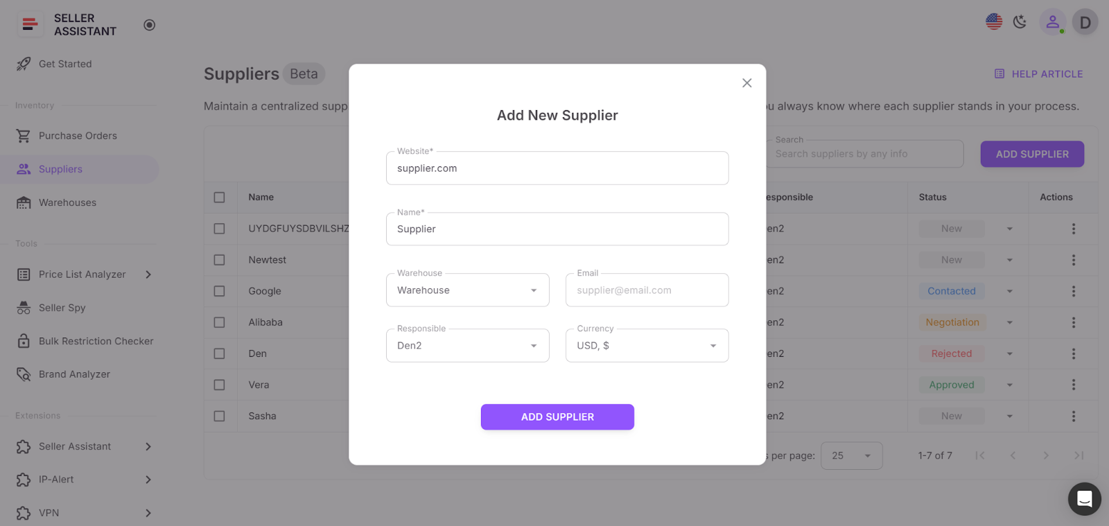 Open the Suppliers tab in your Seller Assistant account and click Add Supplier