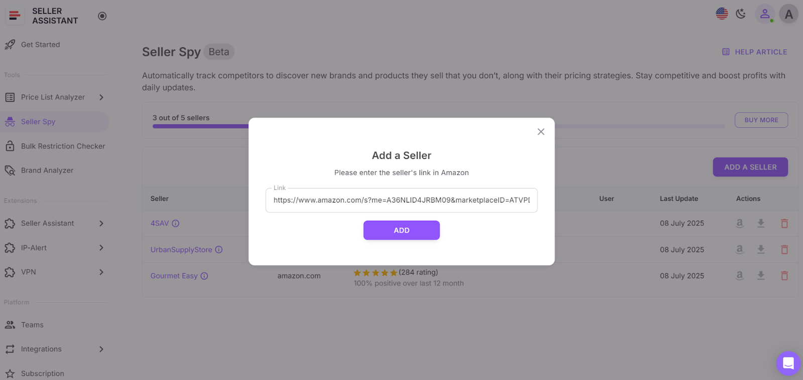 Вставьте ссылки на витрины конкурентов в Seller Spy и позвольте ему отслеживать их ежедневно.
