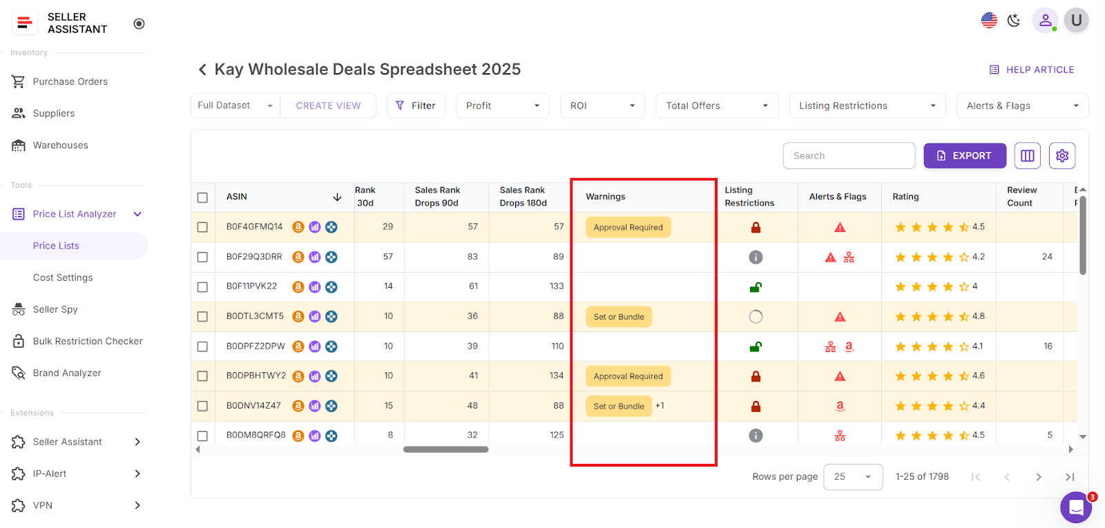 Price List Analyzer uyarıları