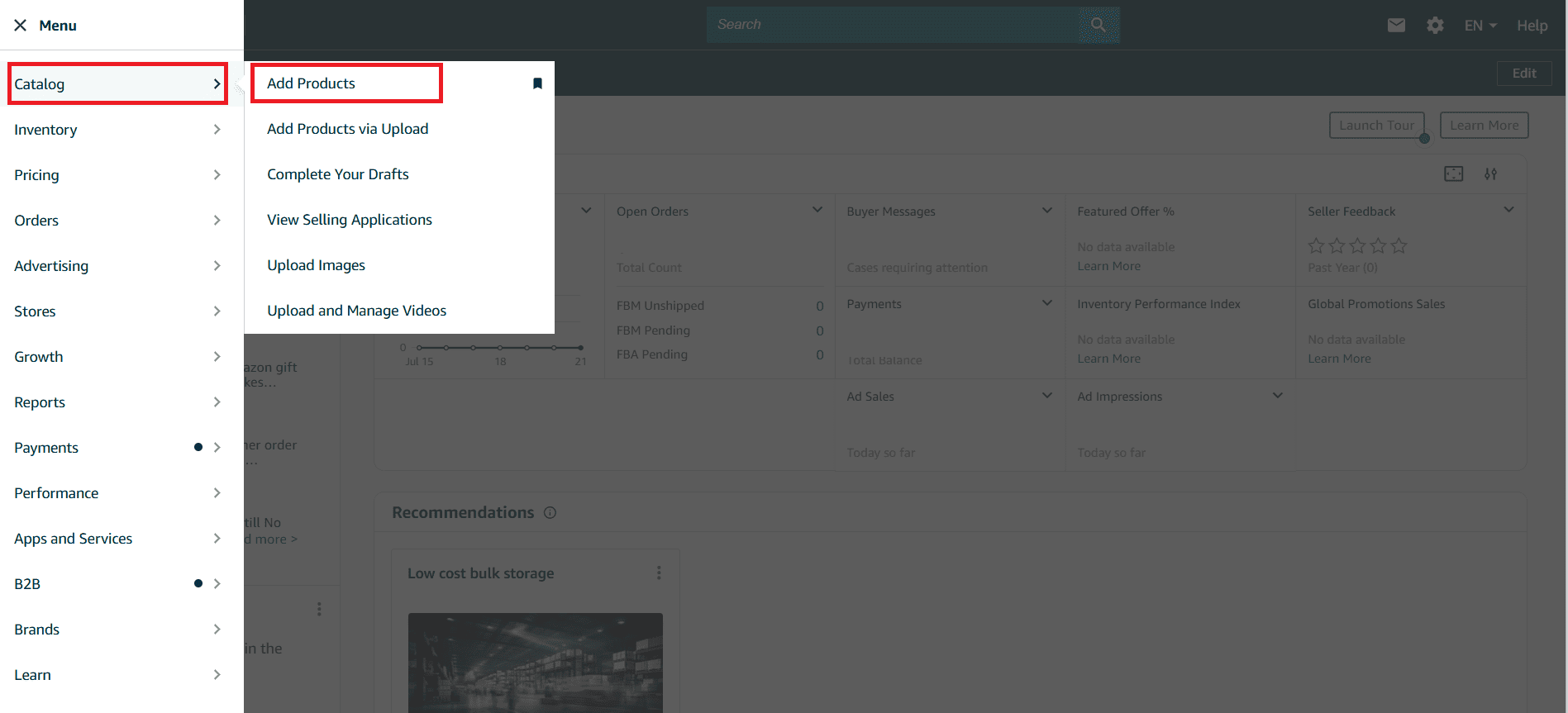 Ve a tu cuenta de Seller Central. En el menú, selecciona Catálogo > Añadir productos.