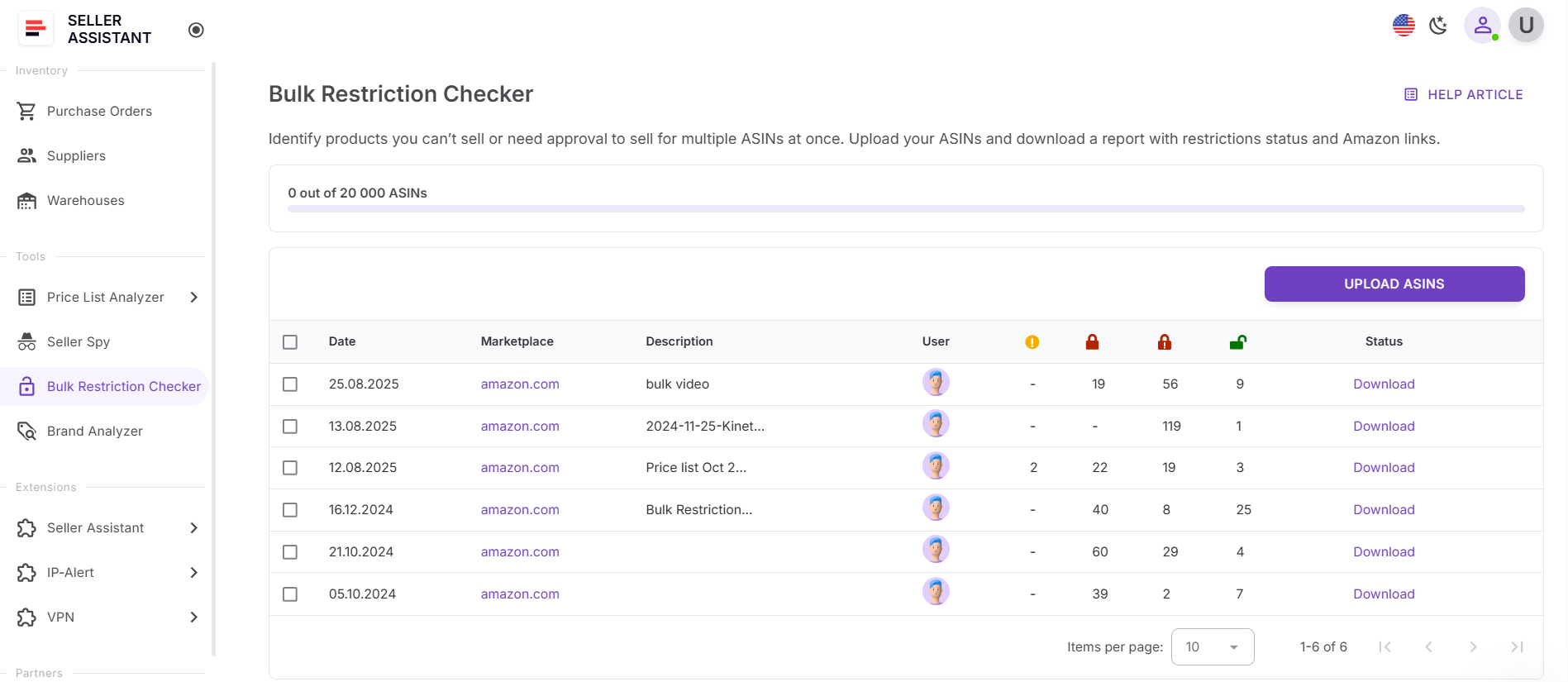 Abrir Bulk Restriction Checker en su cuenta de Seller Assistant