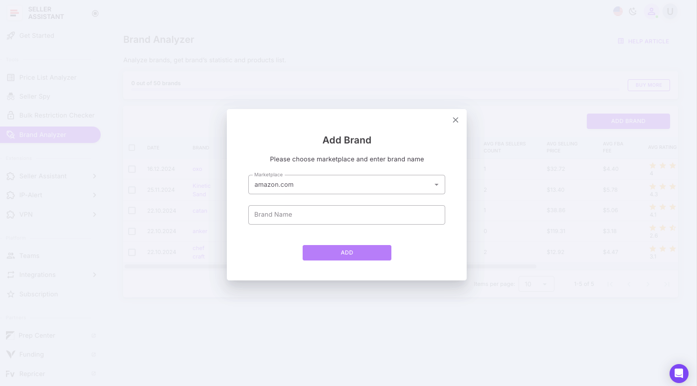 Add a brand name to Brand Analyzer to see if it fits your wholesale criteria