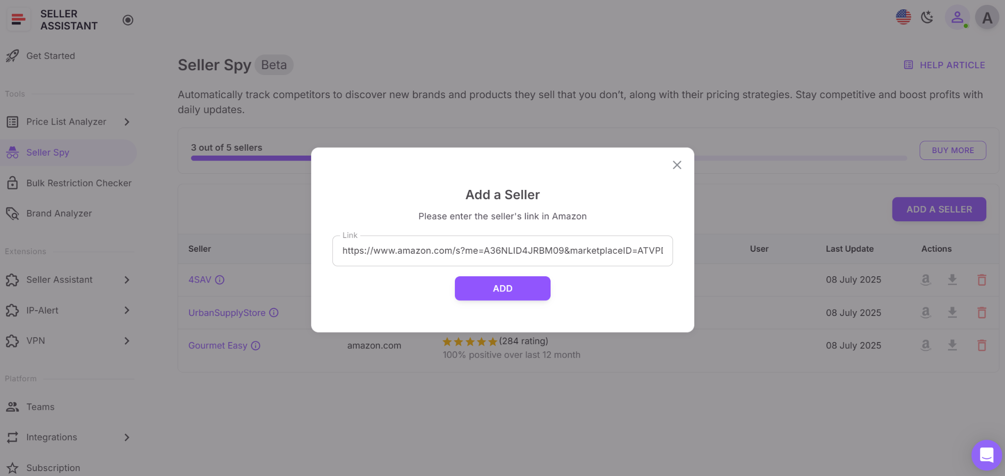 Paste competitor storefront links into Seller Spy and let it track them daily.