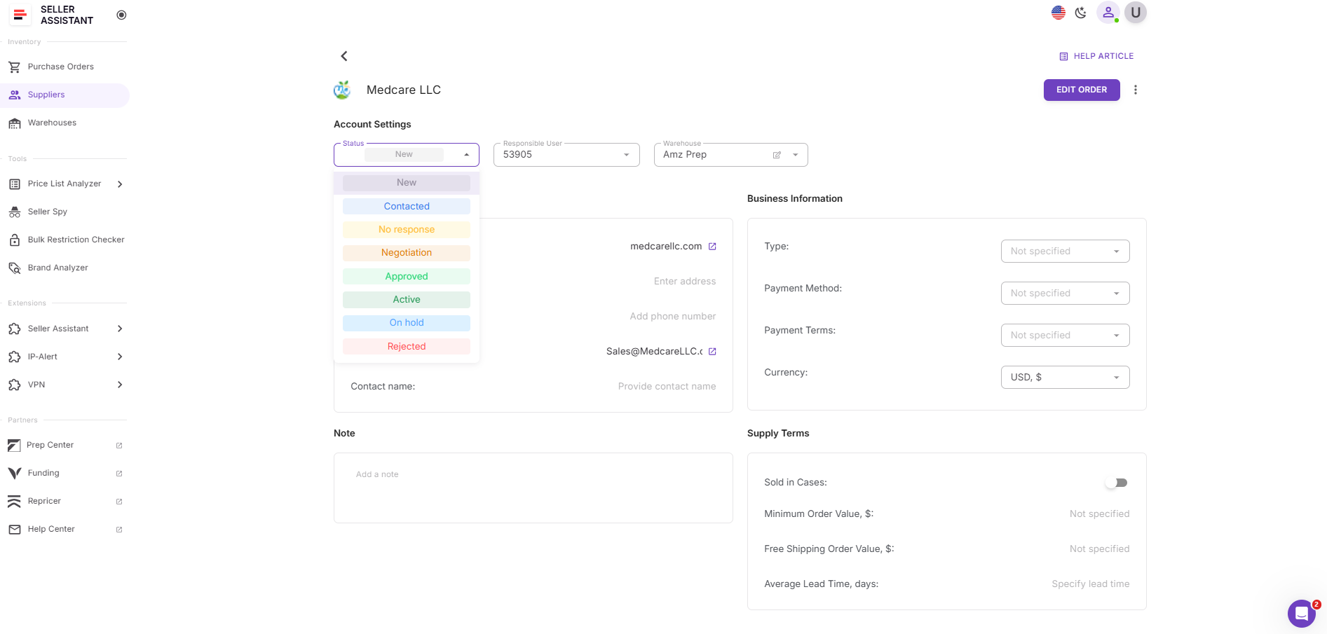 Assign a supplier status
