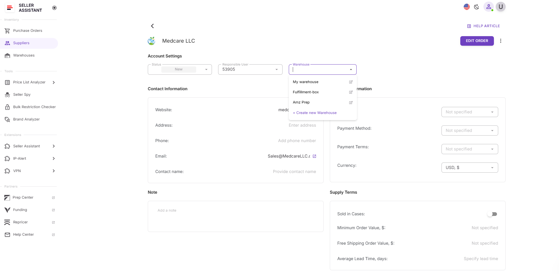 Link a default warehouse or prep center