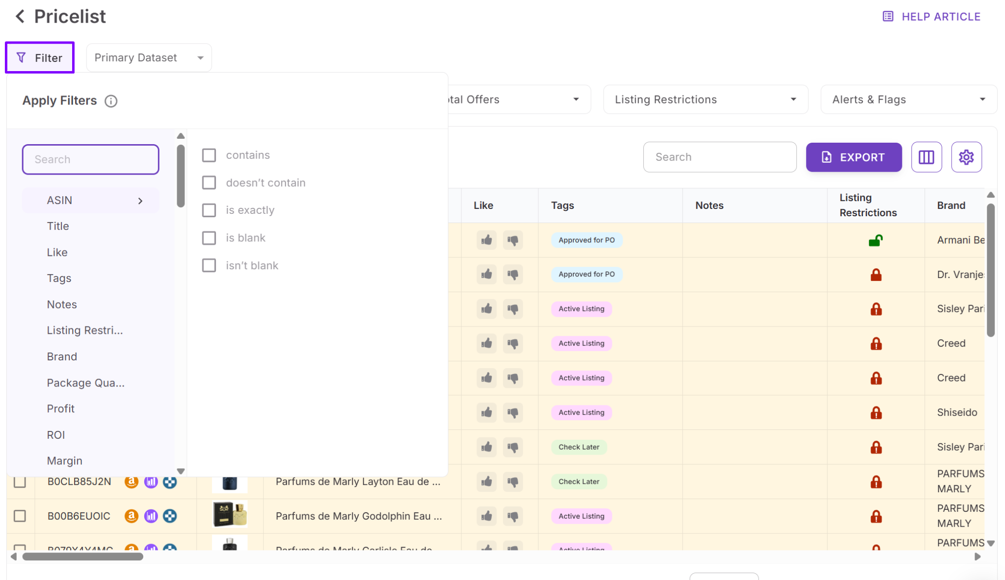 Price List Analyzer'daki Filtreler