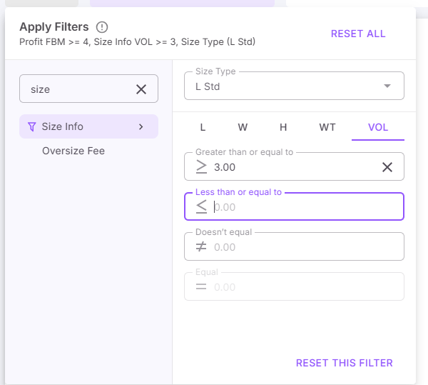 Ürün boyutu filtreleri