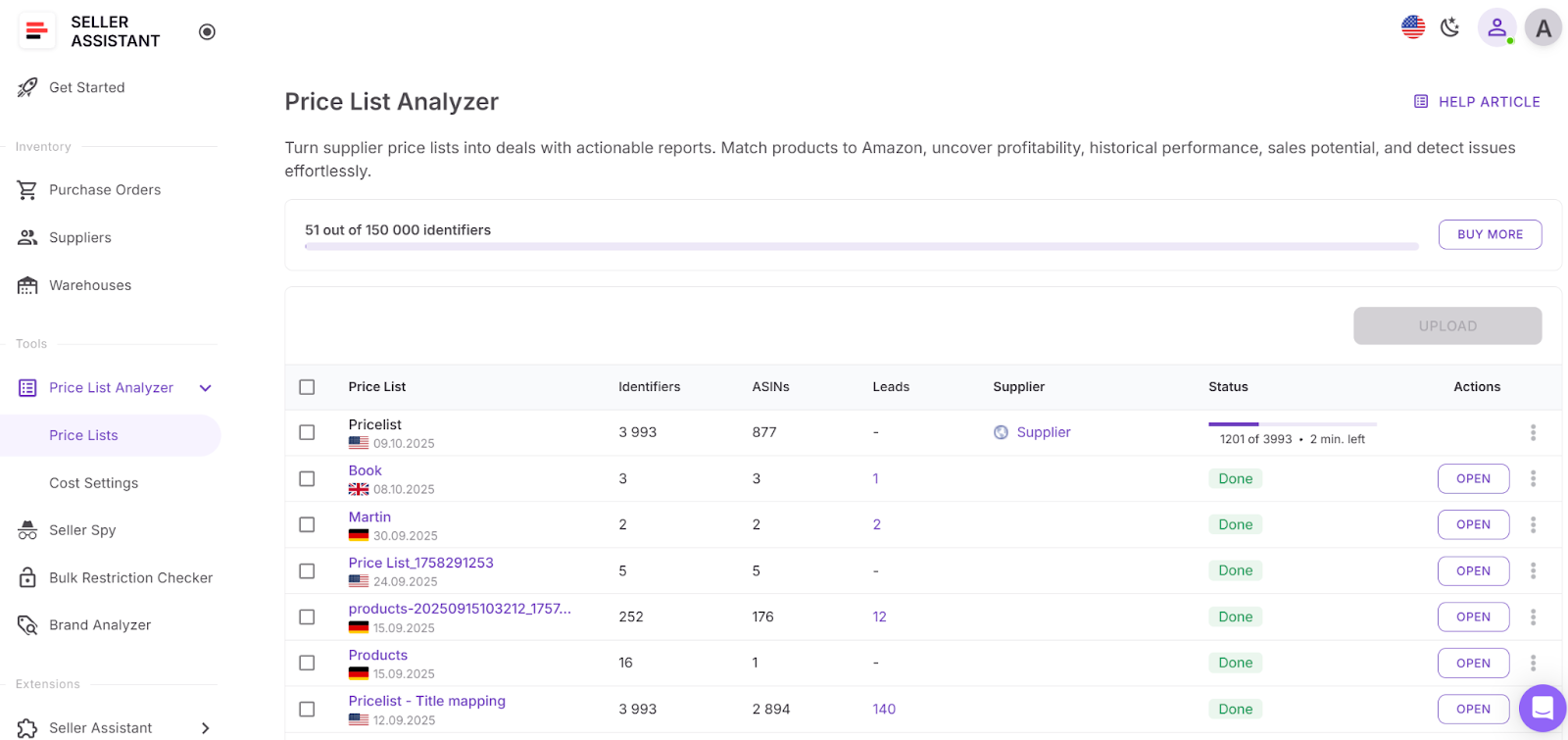 Analyze: click Analyze price list to fetch matches and enrich with metrics