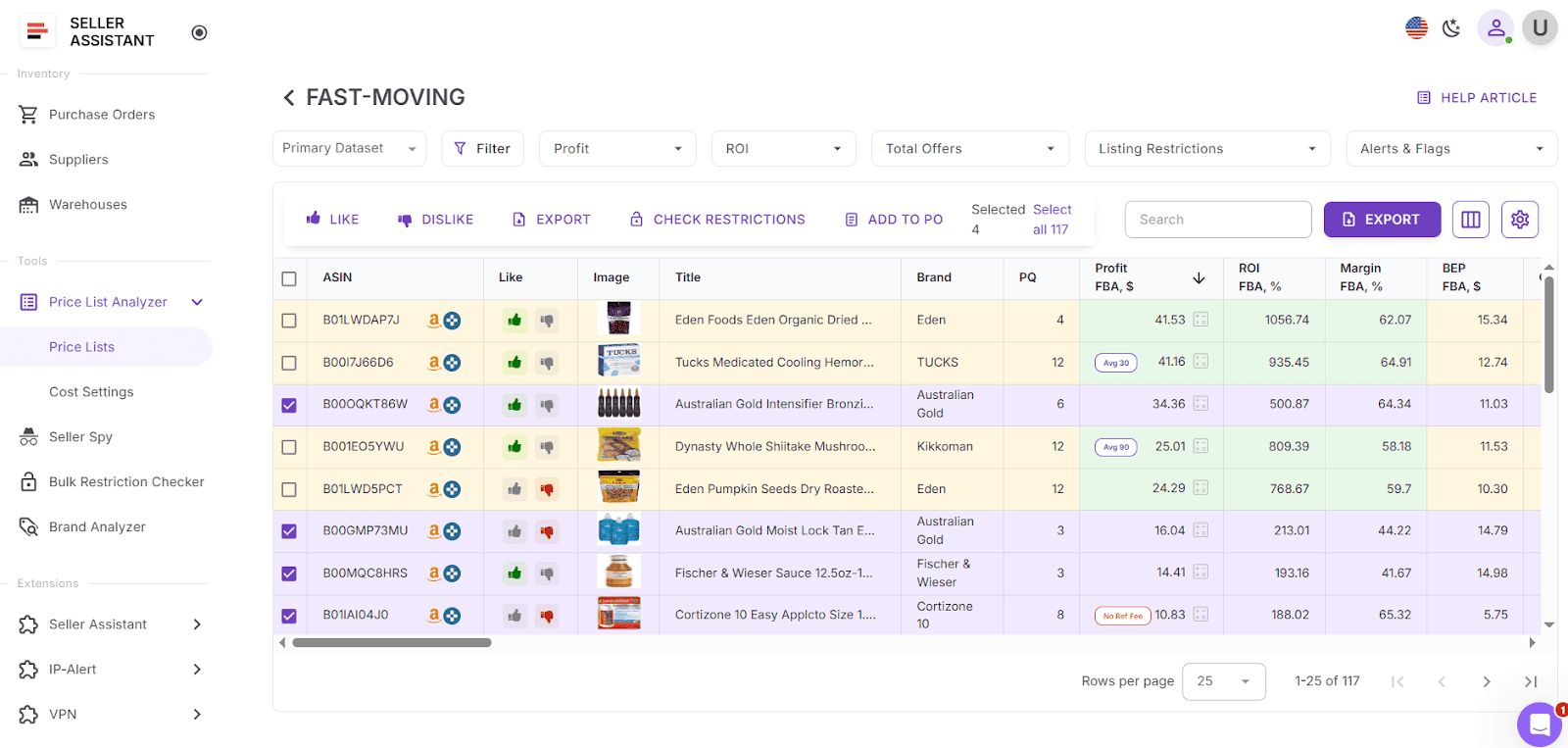 Price List Analyzer - Tabla de interfaz de usuario