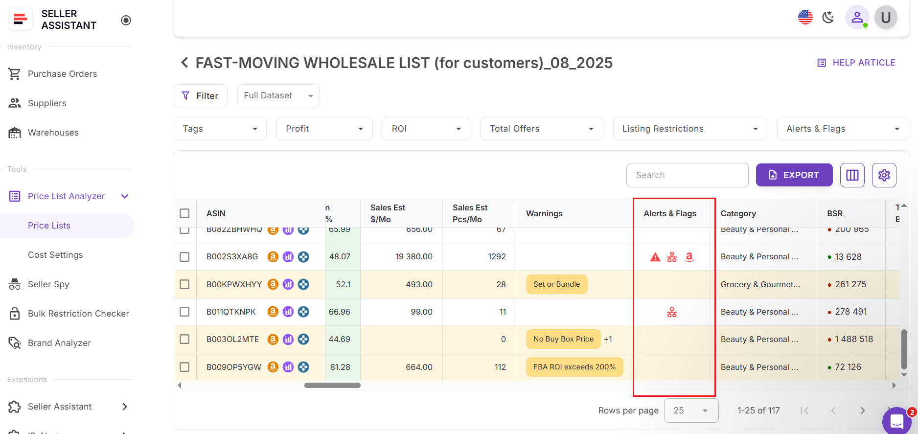 Locate the risk flags in Price List Analyzer