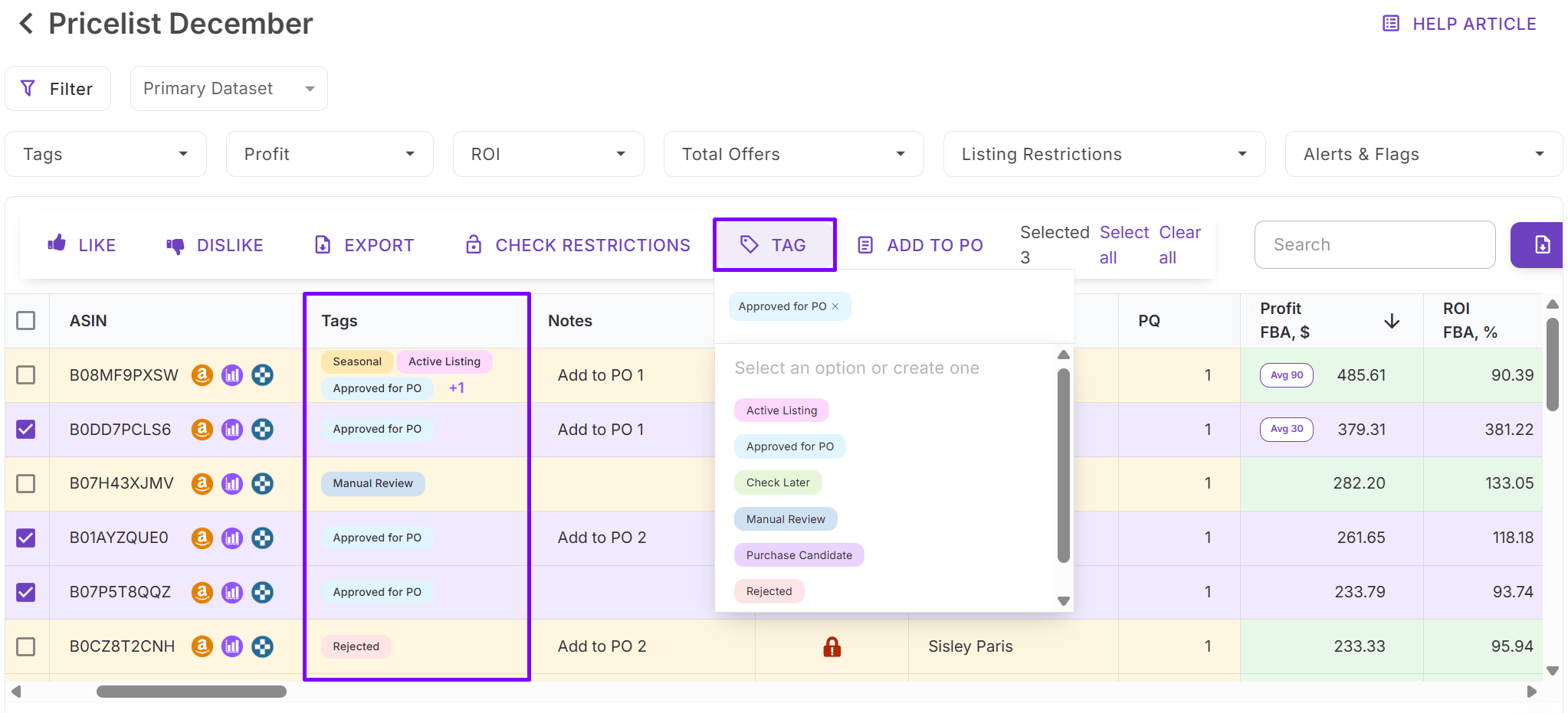 Price List Analyzer'daki Etiketler