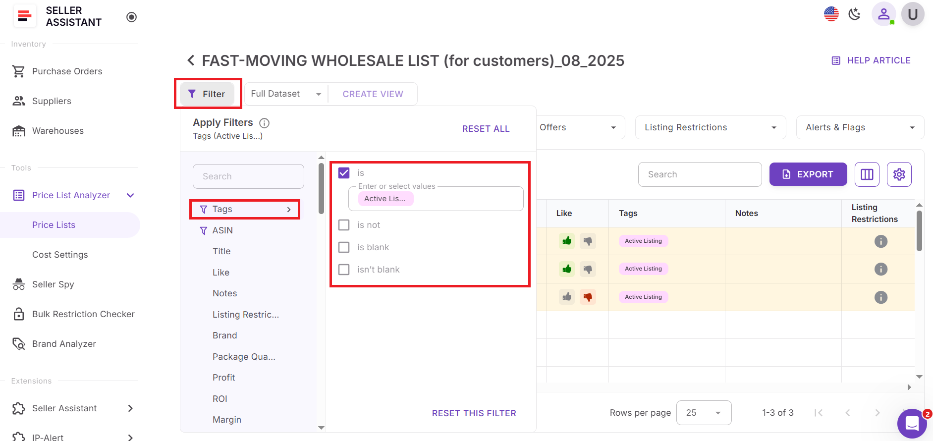 Listeyi etiketlere göre filtrele