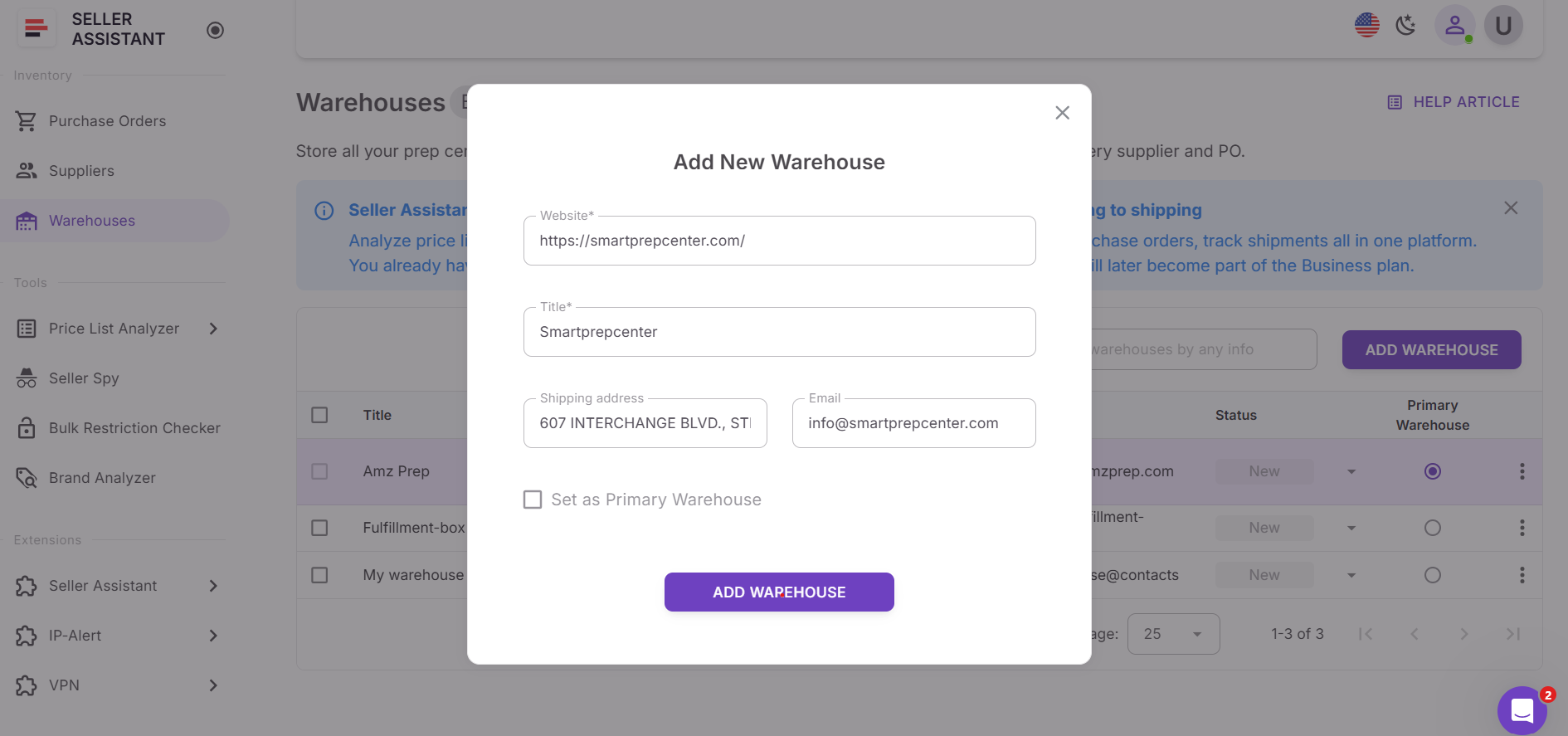 Añada un almacén o centro de preparación