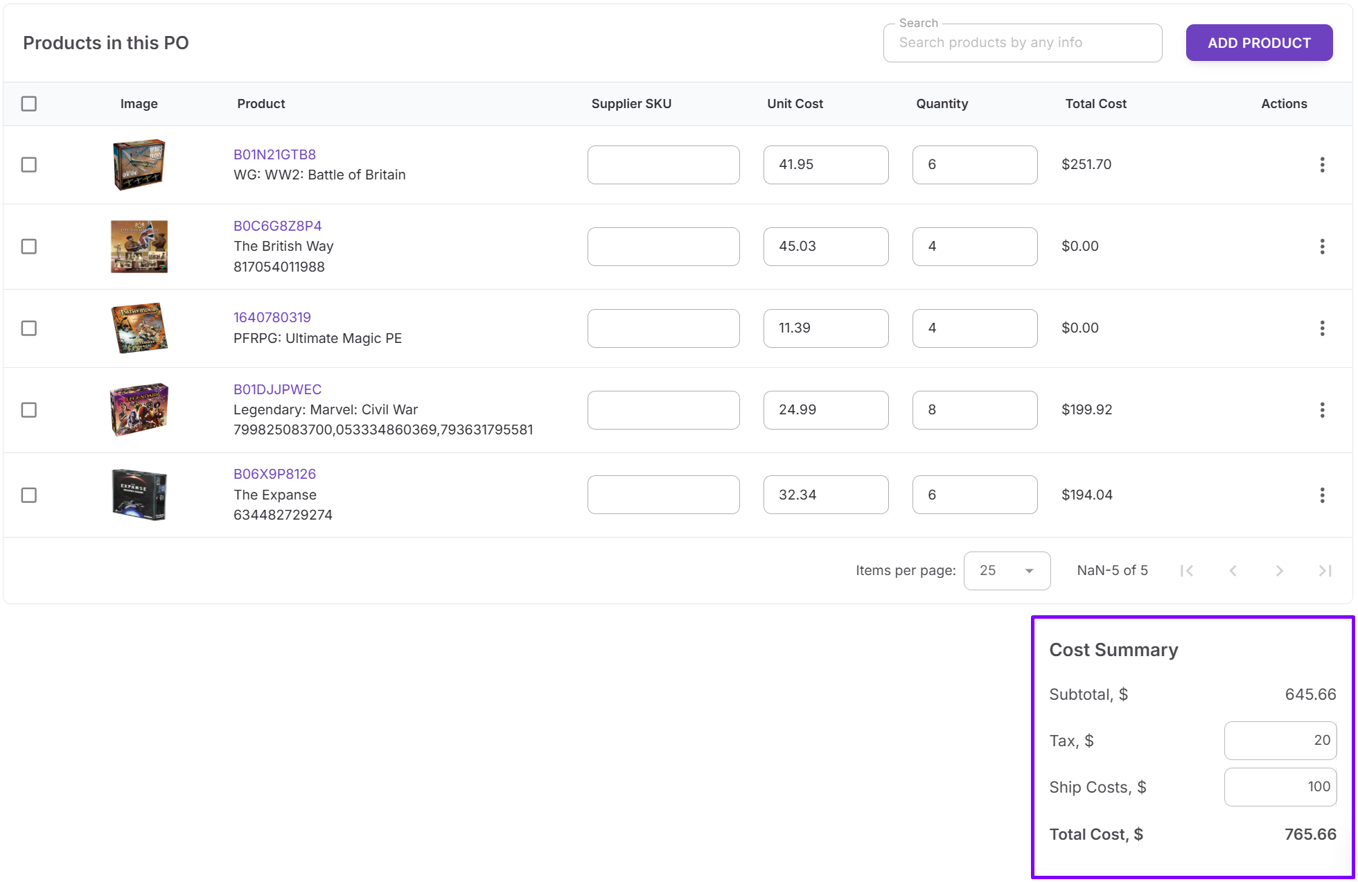 Establezca los costos y los totales
