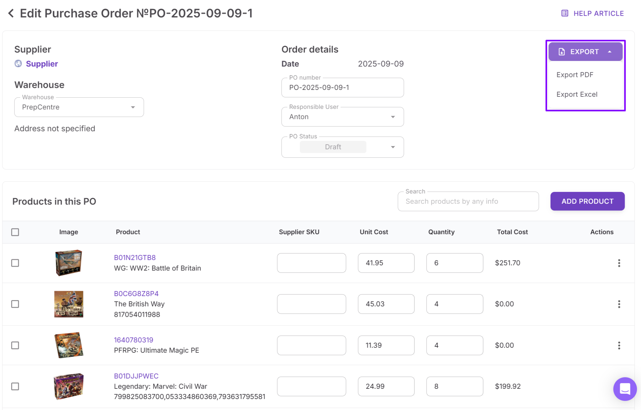 Satın alma siparişini dışa aktarın ve gönderin