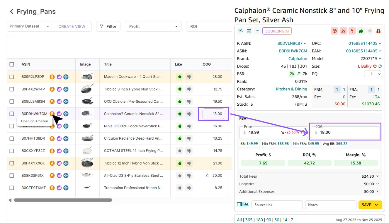 COG'u doğrudan fiyat listesinde düzenlediğinizde, bu değer Seller Assistant Tarayıcı Uzantısı'na taşınır