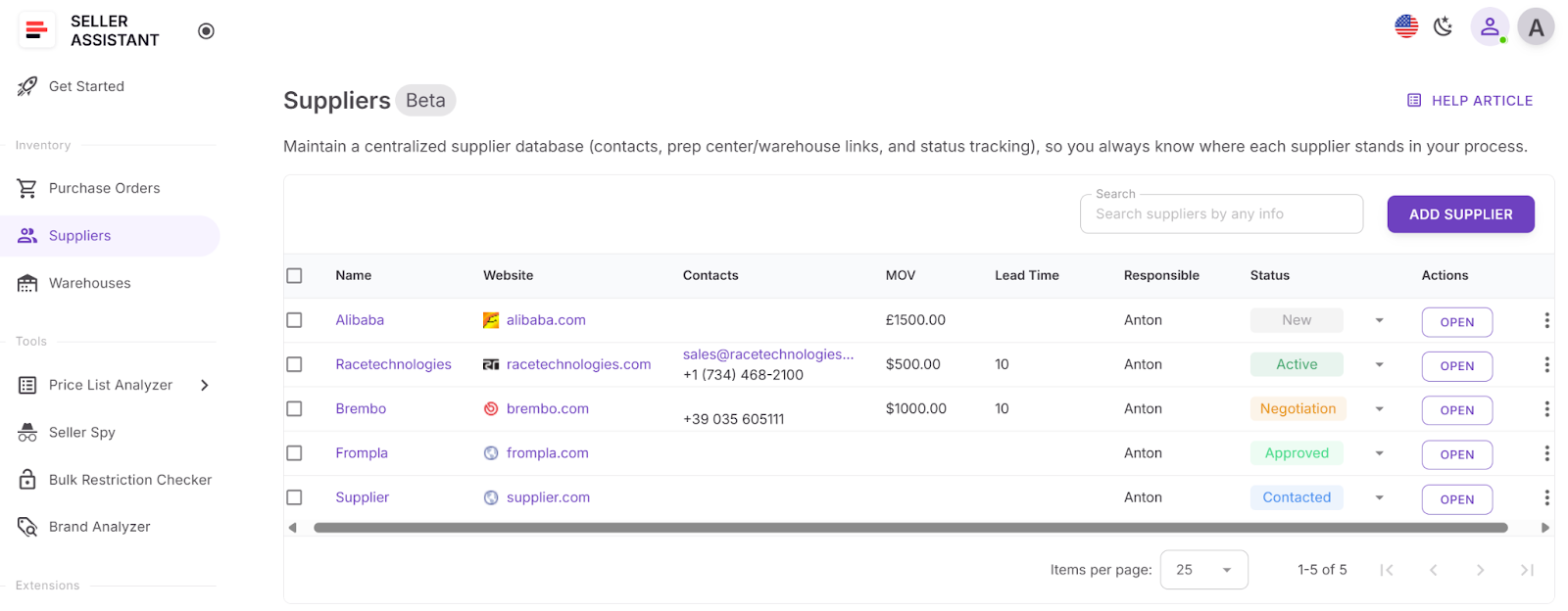 Access Suppliers Database