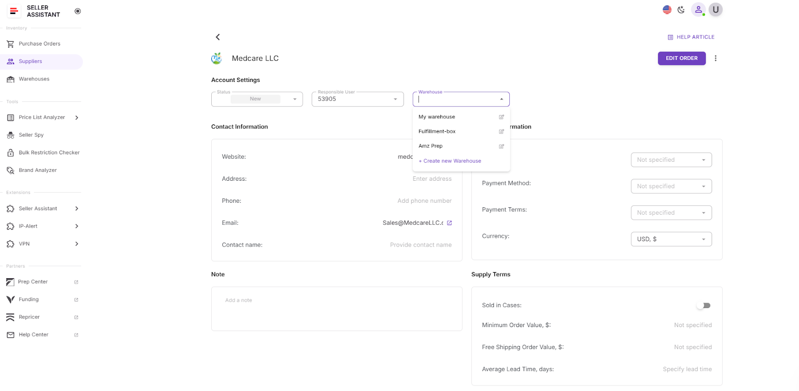 Link a default warehouse or prep center
