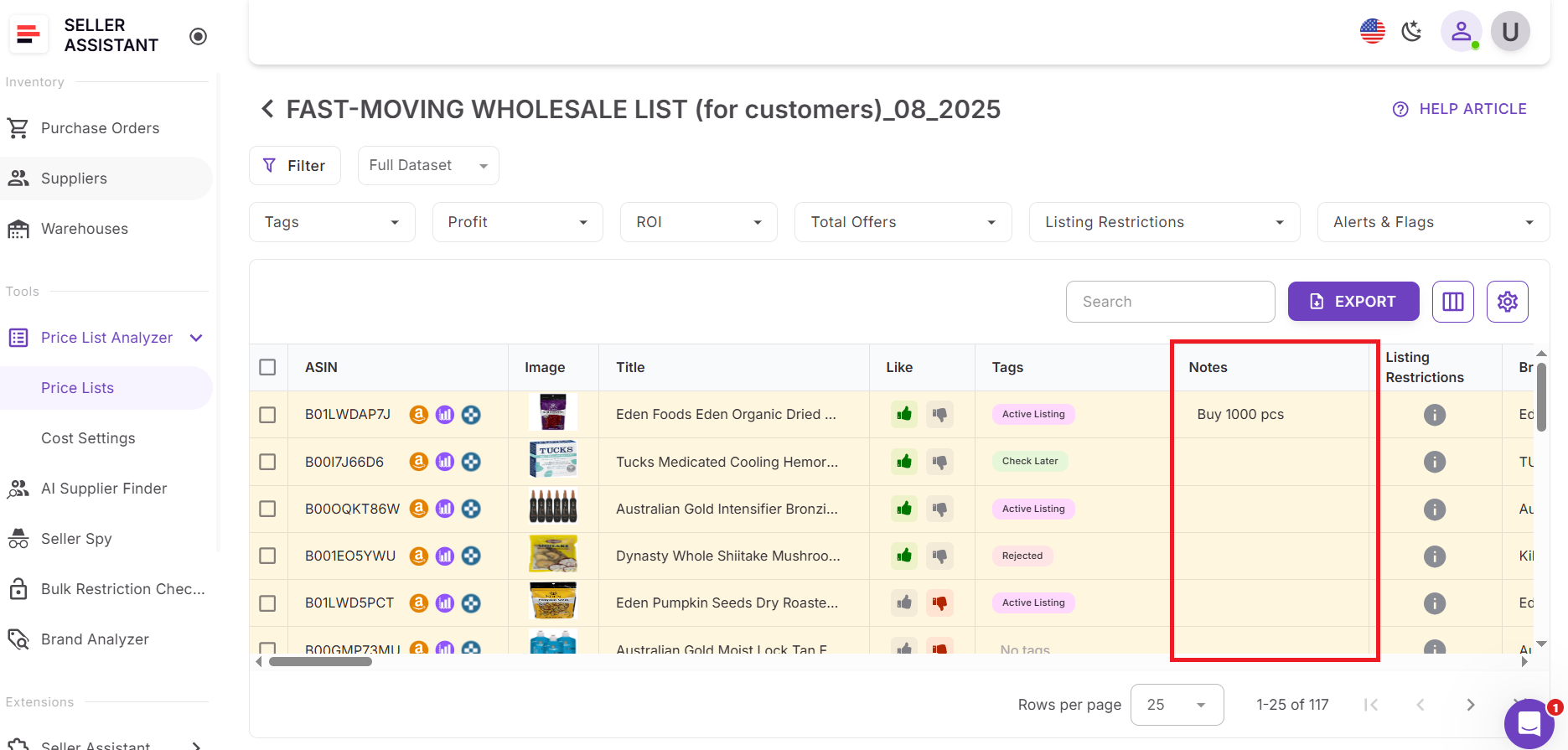 You can add and view notes in Price List Analyzer while reviewing bulk supplier lists
