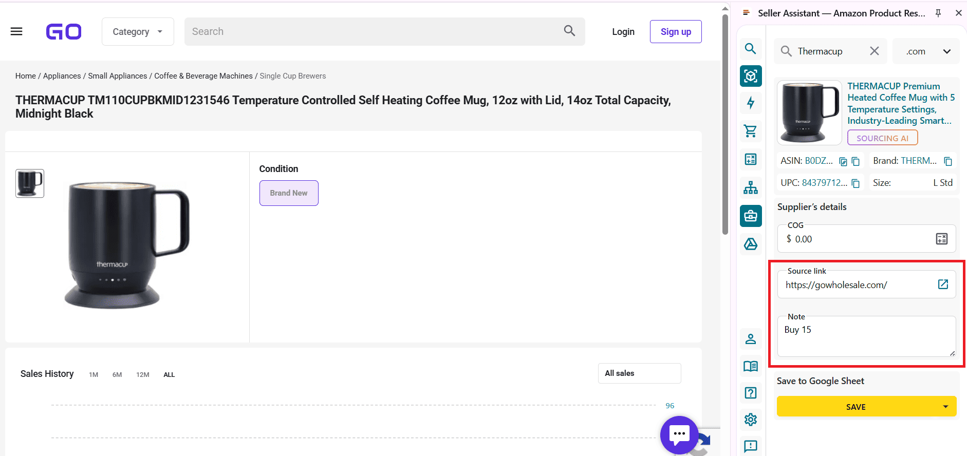 Notes in Side Panel View on supplier websites