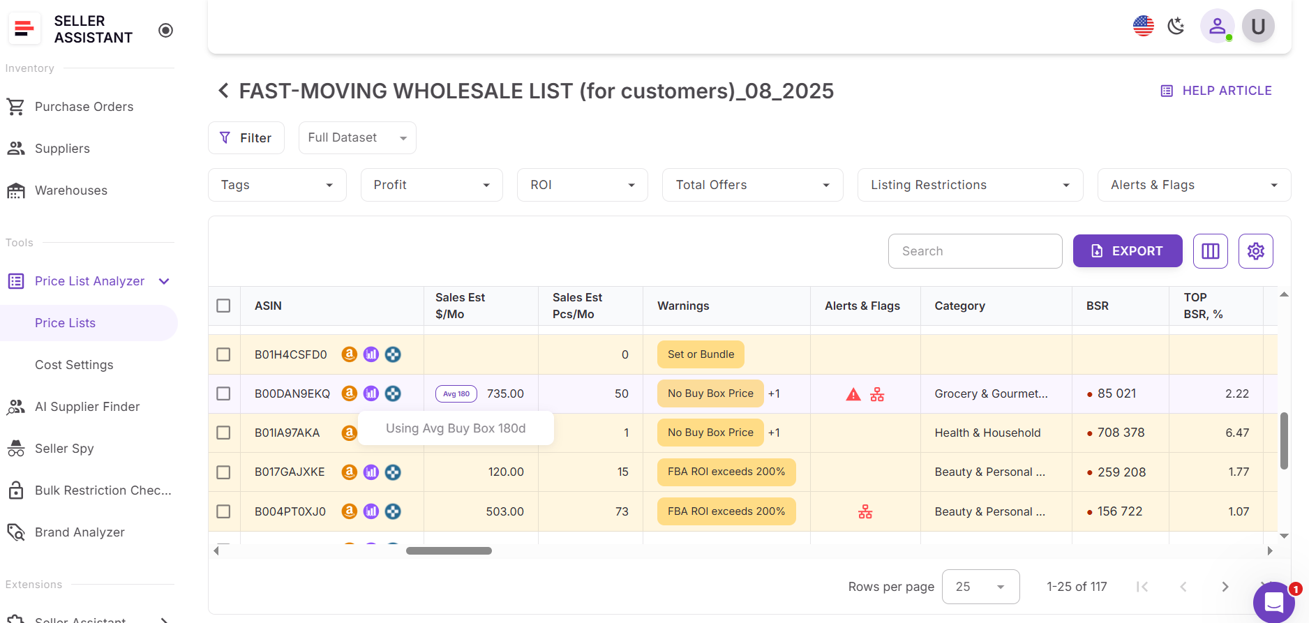 If there is no current Buy Box price, Price List Analyzer clearly indicates which price is used for revenue estimation