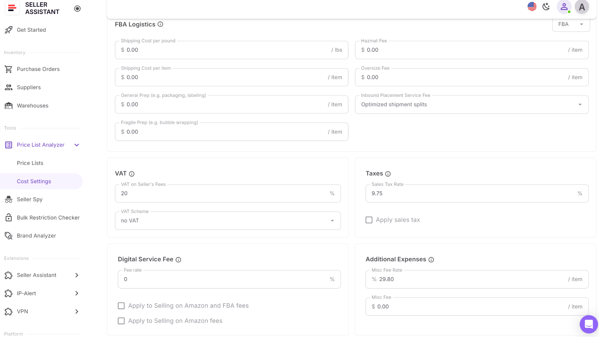 Price List Analyzer'daki Önceden Yapılandırılmış Ayarlar