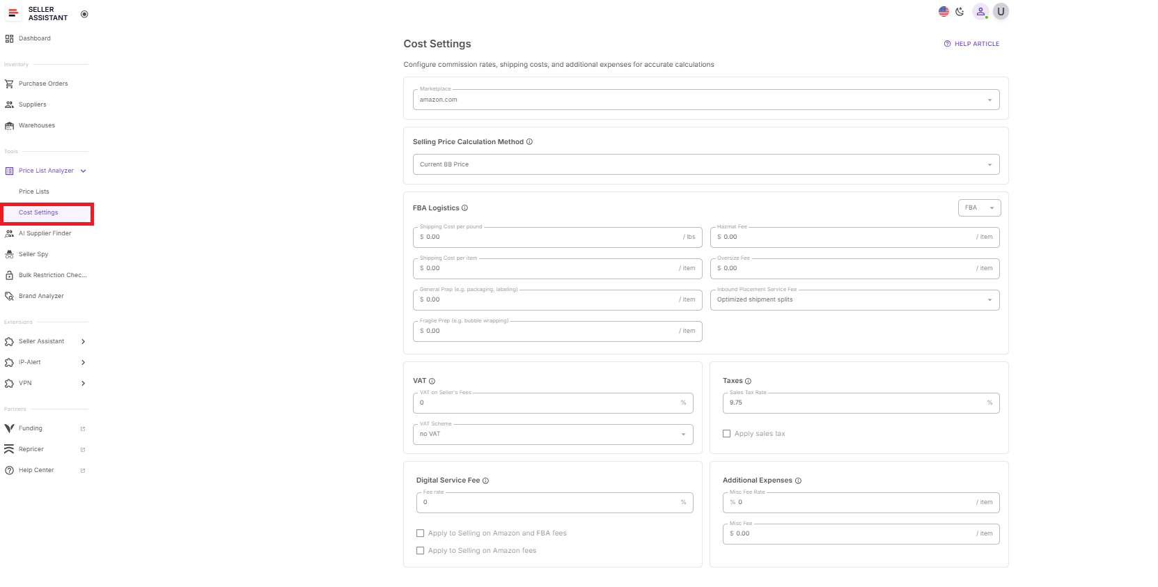 Önceden yapılandırılmış ayarlara Araçlar → Price List Analyzer → Maliyet ayarları bölümünden erişirsiniz