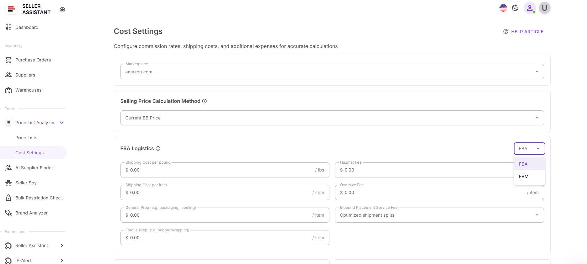 FBA ve FBM için maliyet ayarlarını yapılandırın