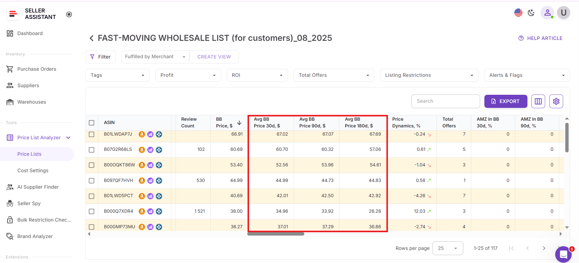 Price List Analyzer'da Ortalama Buy Box Fiyatı (30 / 90 / 180 gün)