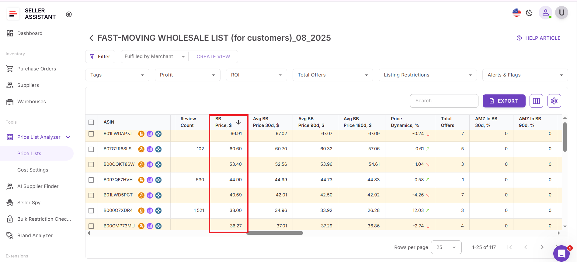 Price List Analyzer'da Buy Box Fiyatı ($)