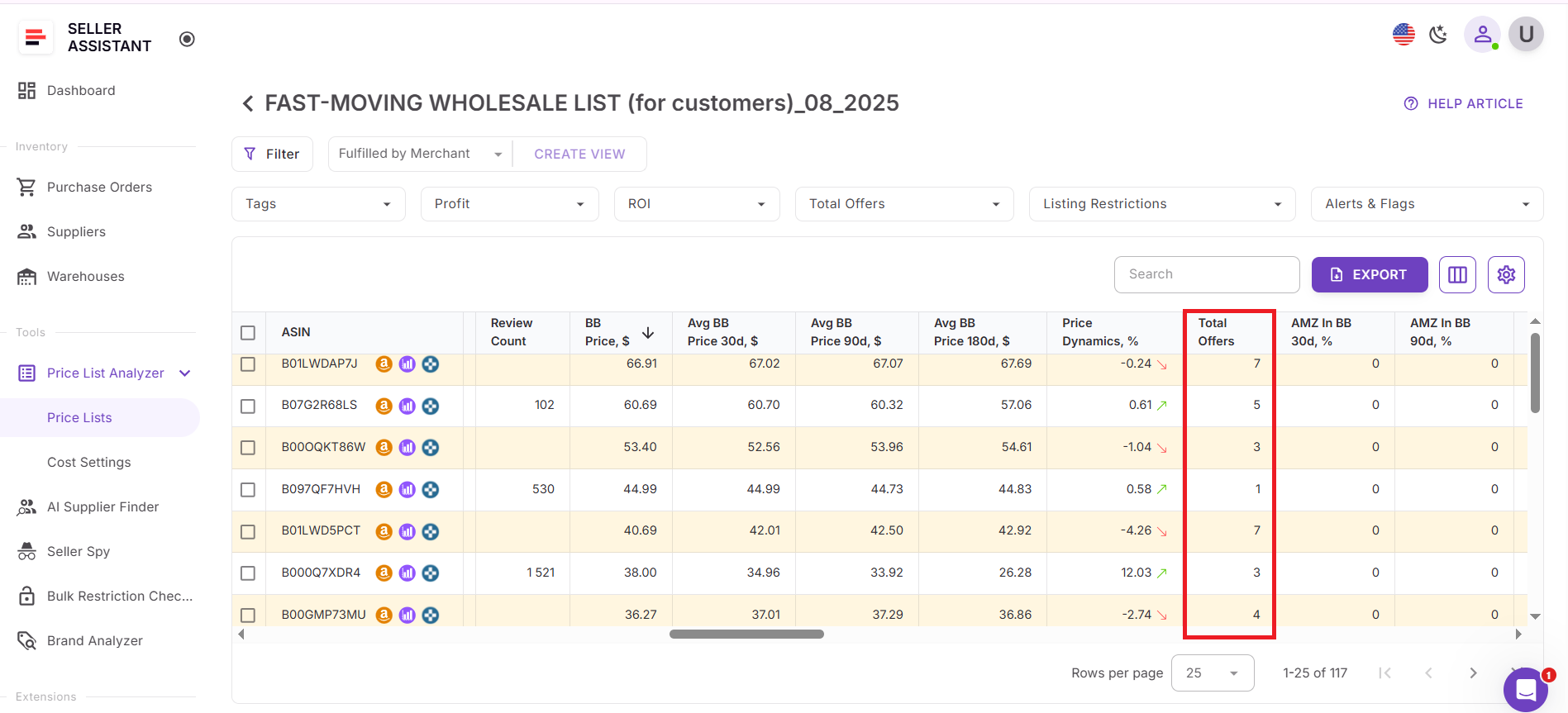 Price List Analyzer'da Toplam Teklifler