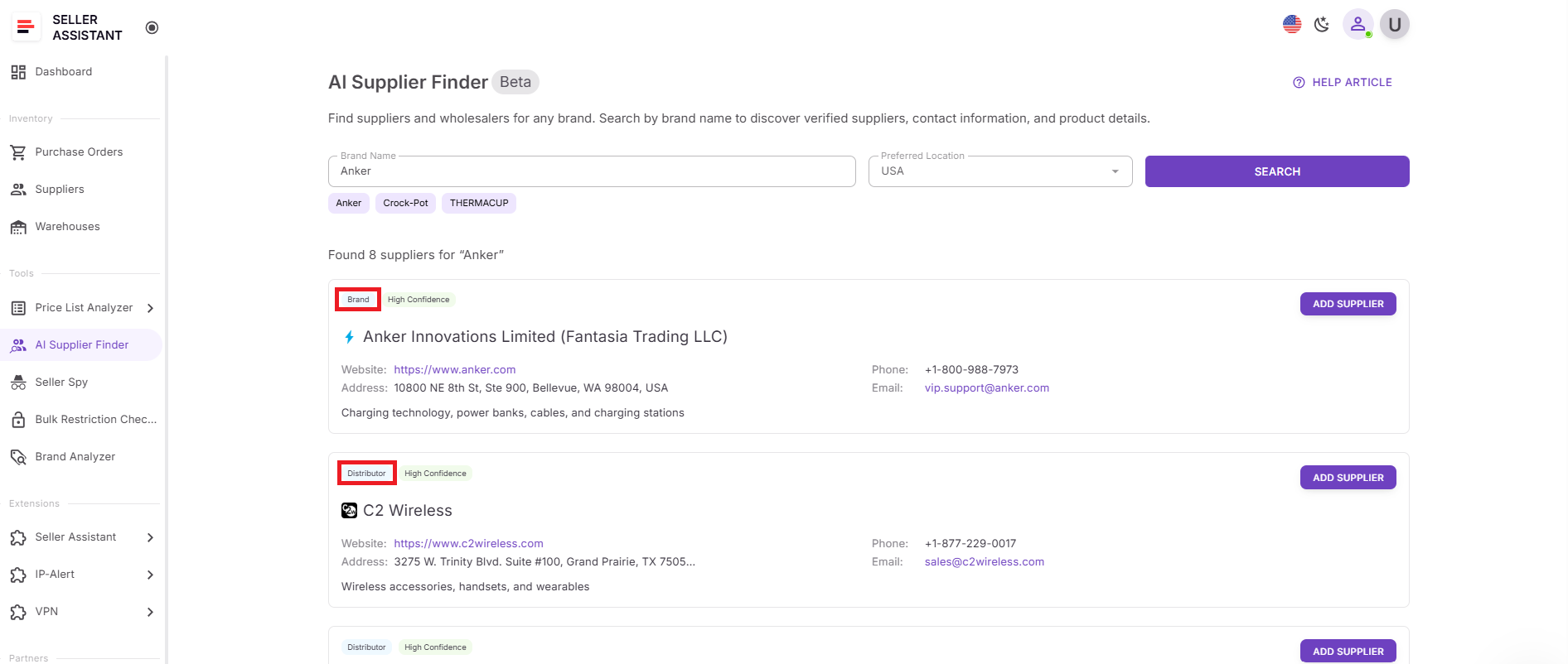Suppliers are grouped by type