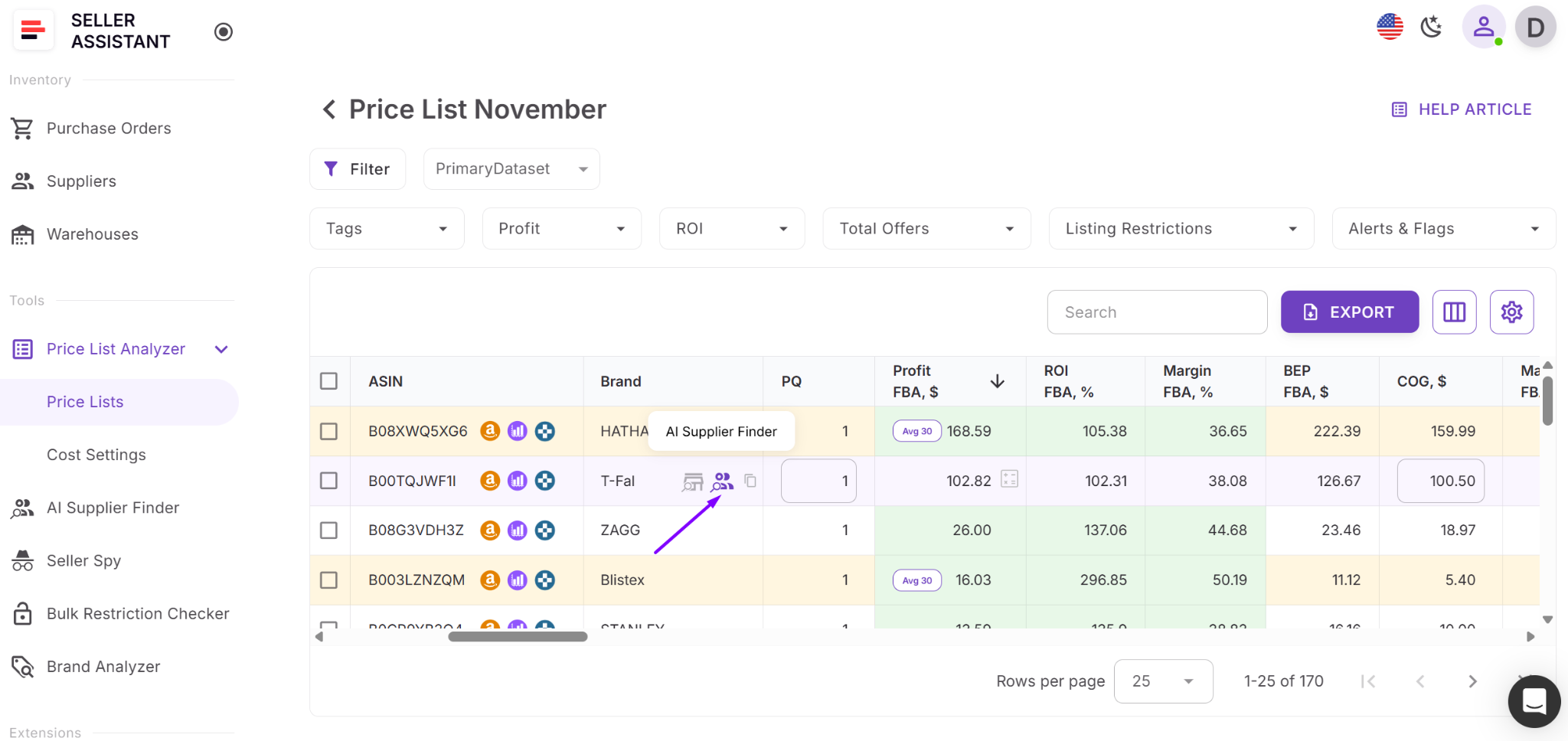 You can launch AI Supplier Finder from Price List Analyzer