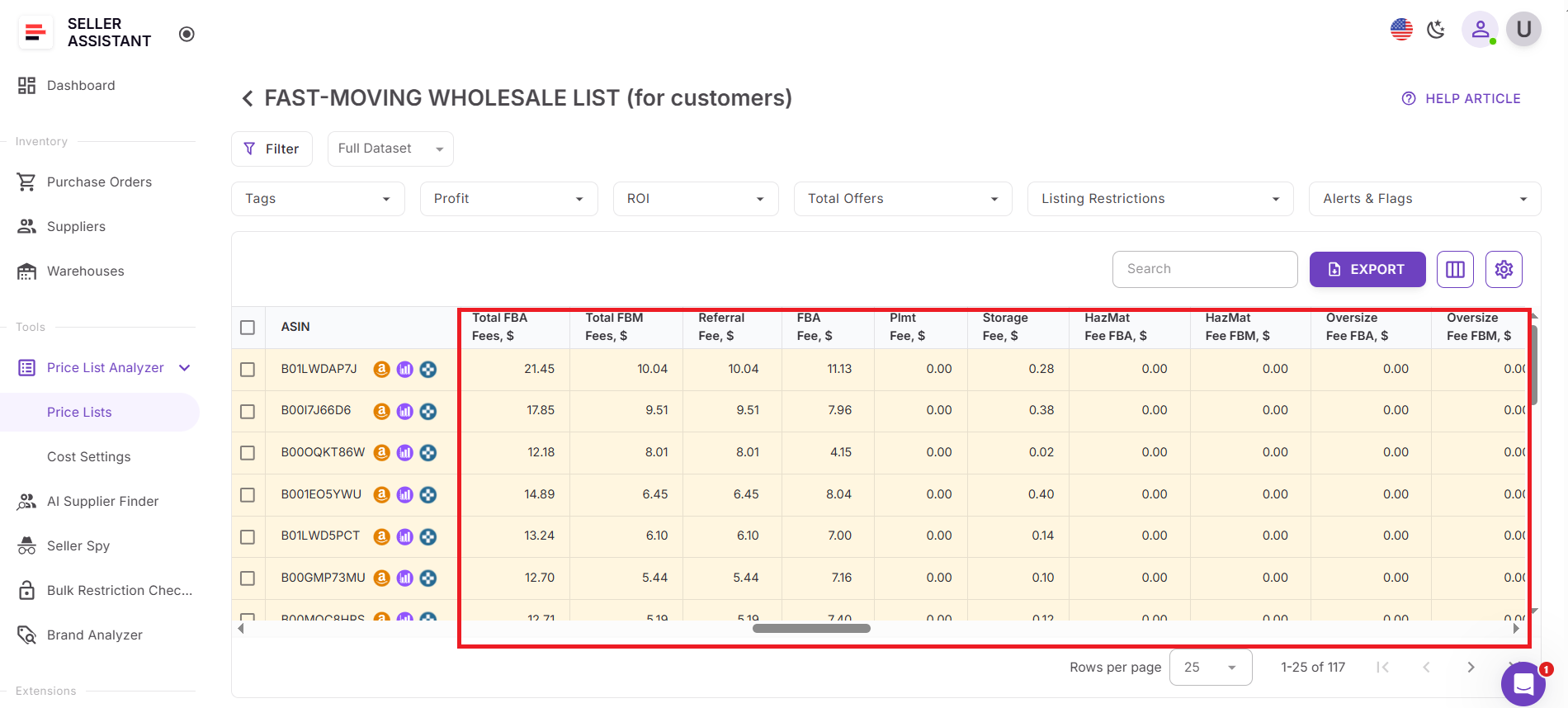 Seller Assistant'ın Price List Analyzer ücretleri