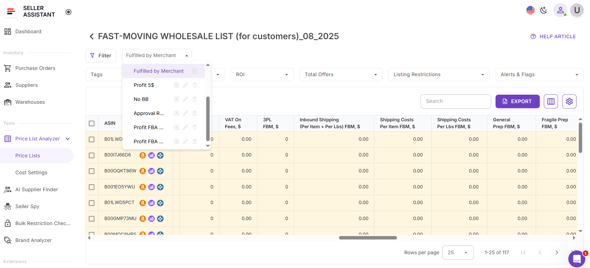 Satıcı Tarafından Gönderim görünümü FBM ücretlerini gösterir