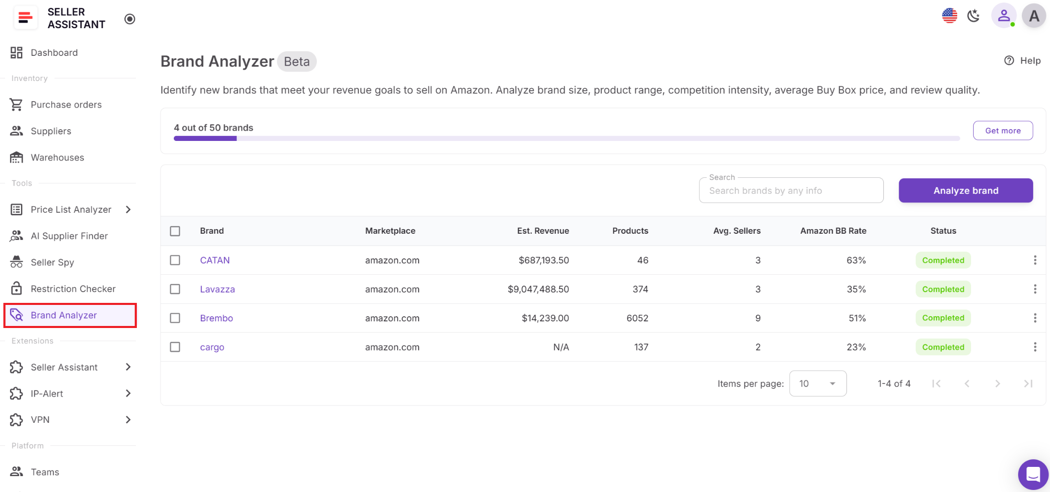 Log in to your Seller Assistant account, go to Tools, and open Brand Analyzer.