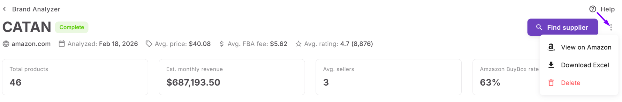 From the Brand Details Page, you can:
click View on Amazon to open the brand on Amazon
click Find supplier to launch AI Supplier Finder and start supplier research by brand
delete the brand if you no longer need it.