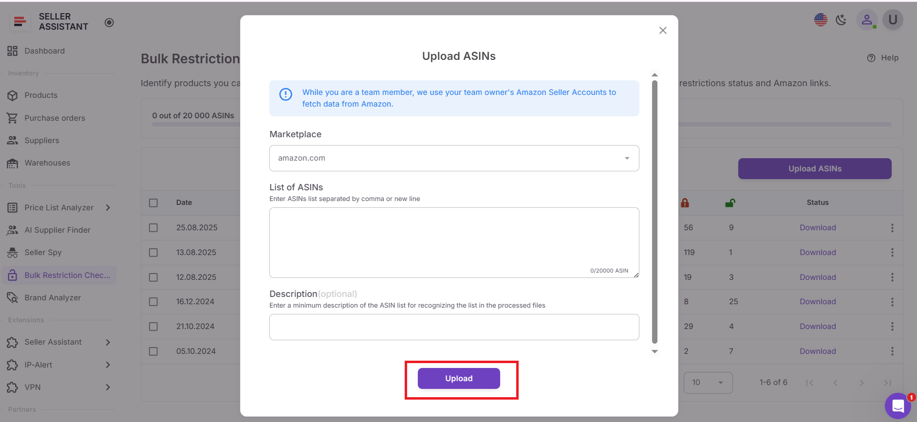 Click Upload to start the restriction check.