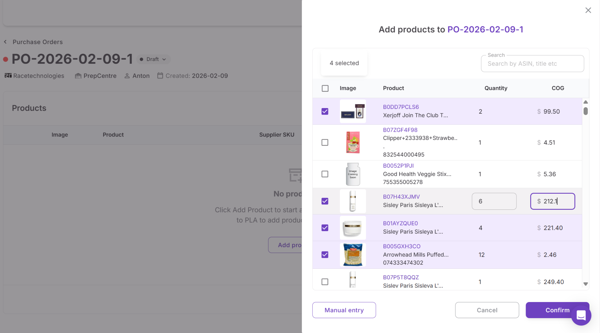 Satın Alma Siparişine ürün eklemek için, yüklenen tedarikçi fiyat listelerindeki ürünlere göz atın