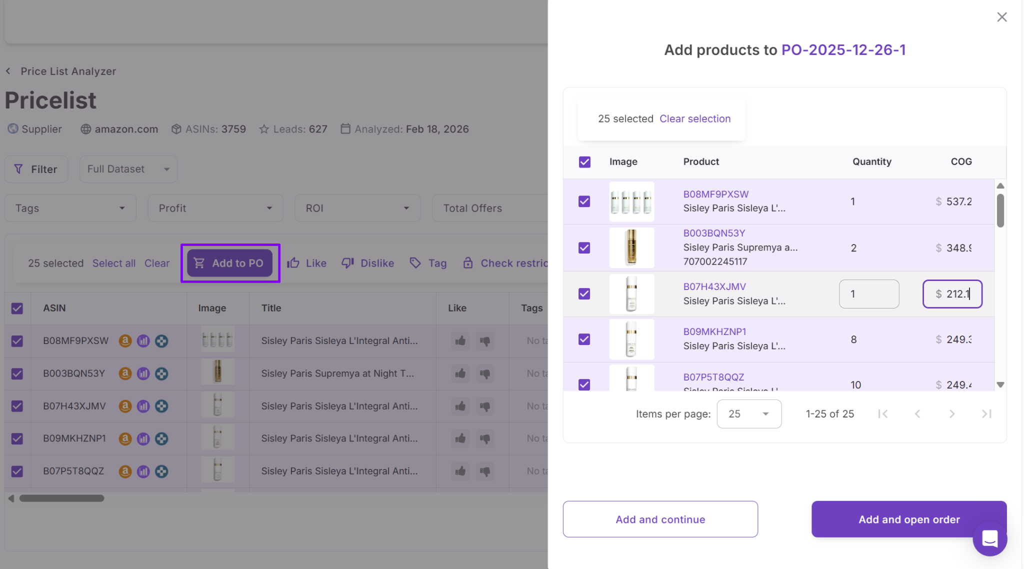 Price List Analyzer'dan kârlı öğeleri seçin ve bunları doğrudan bir satın alma siparişine ekleyin