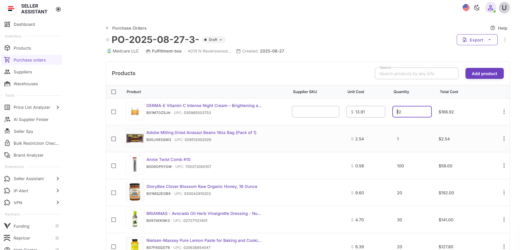 Miktarları ve maliyetleri düzenleyin
